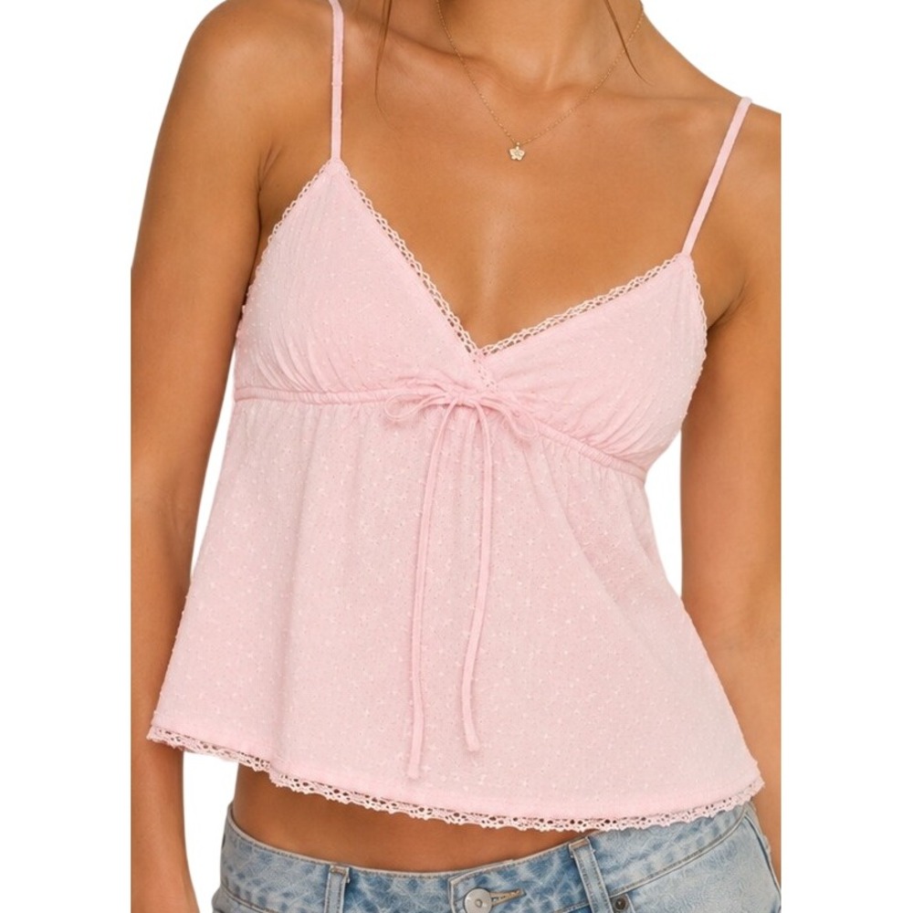 Babydoll Y2K Pink Swiss Dot Cami Tank Top M Cotton Coquette Balletcore Lace Trim